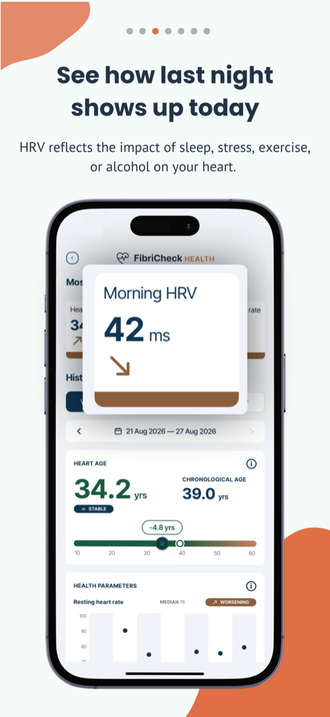 See how last night shows up today. A morning HRV of 42 ms shown beside a week of heart age and resting heart rate history.