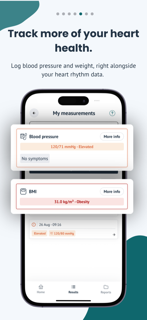 Track more of your heart health. A logged blood pressure reading and a BMI entry shown alongside heart rhythm data.