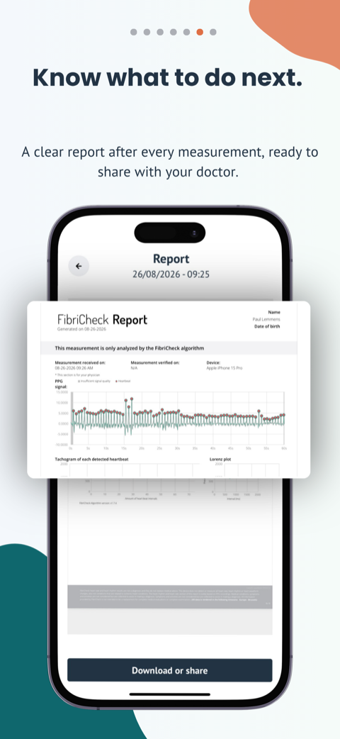 Know what to do next. A FibriCheck report showing the recorded pulse signal, ready to download or share with your doctor.