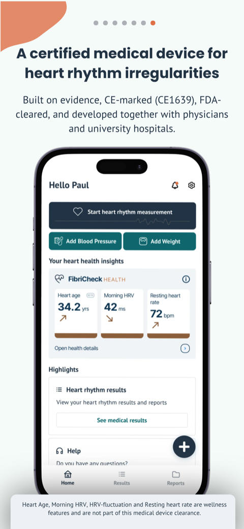 The app home screen with heart health insights, noting that heart age, morning HRV, HRV-fluctuation and resting heart rate are wellness features and are not part of the medical device clearance.