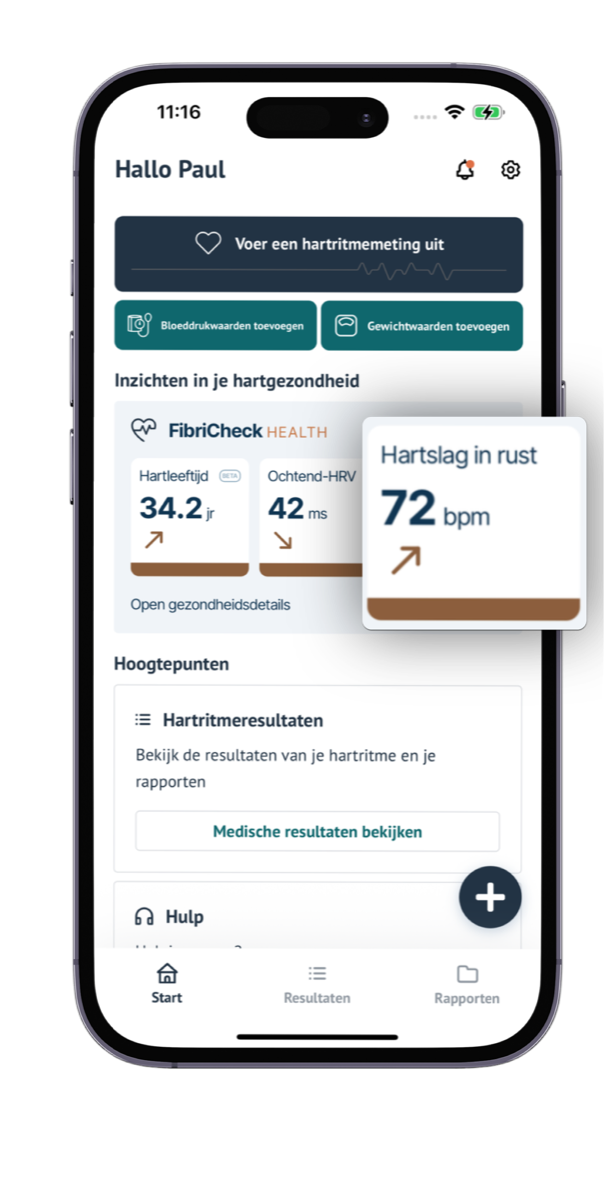 Het startscherm van de FibriCheck-app met de inzichten in je hartgezondheid, met een hartslag in rust van 72 bpm en een pijl naar boven, naast een hartleeftijd van 34,2 jaar en een ochtend-HRV van 42 ms.
