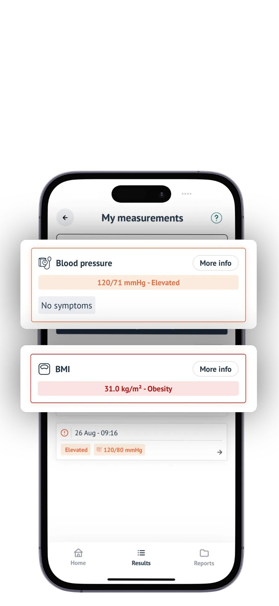 My measurements screen with blood pressure and BMI entries